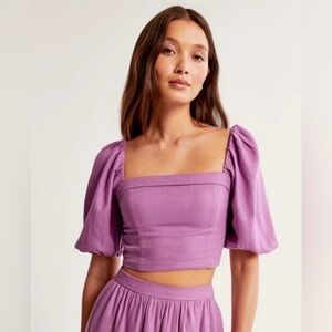 NWT ABERCROMBIE & FITCH Linen Blend Puff Sleeve Crop Top Size Small